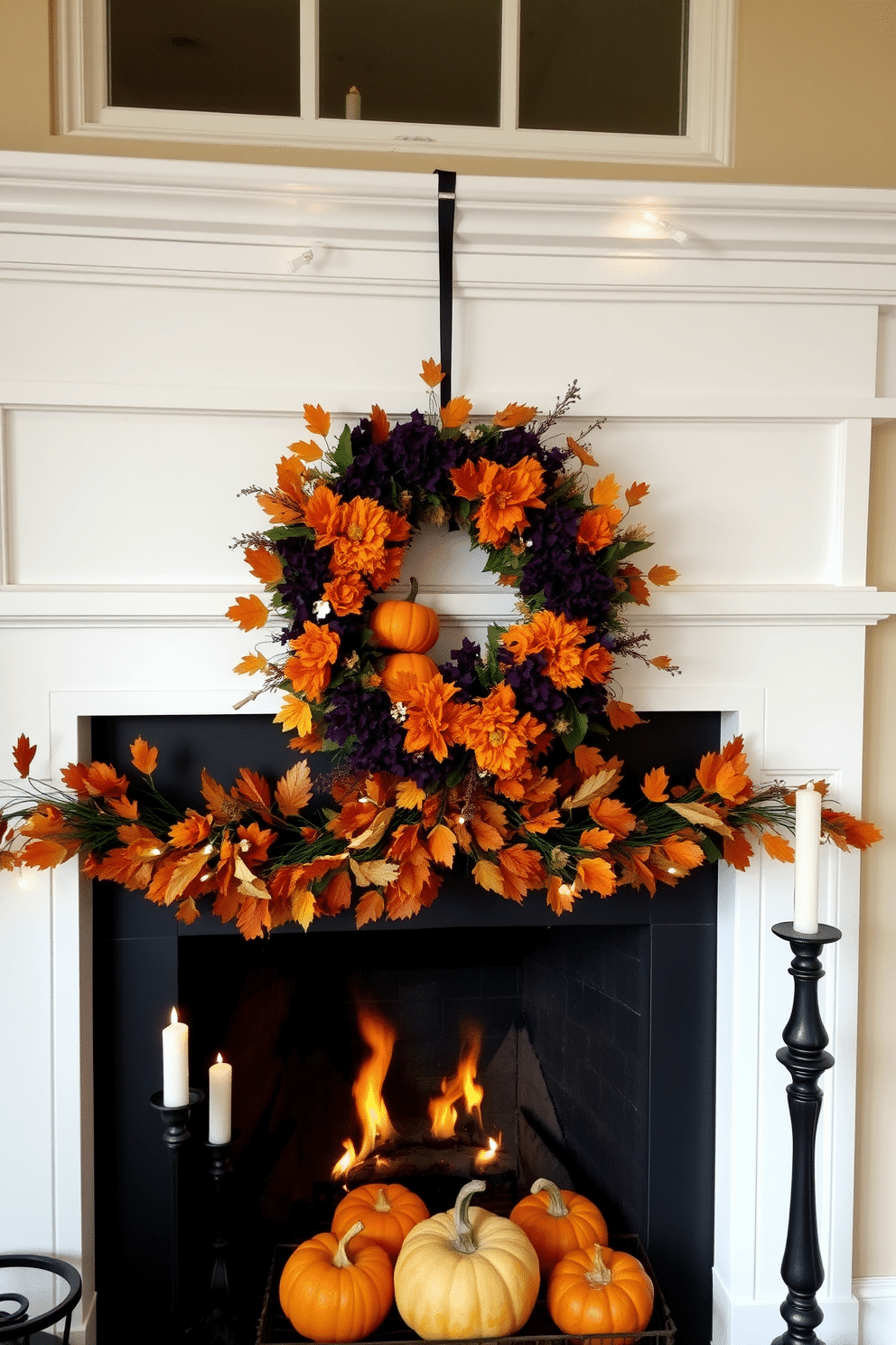 A seasonal wreath adorned with Halloween accents hangs prominently on the front door. The wreath features a mix of vibrant orange and deep purple flowers, along with miniature pumpkins and spooky embellishments. The fireplace is elegantly decorated with a garland of autumn leaves and twinkling fairy lights. On the mantel, black candlesticks hold tapered candles, and a collection of carved pumpkins adds a festive touch.