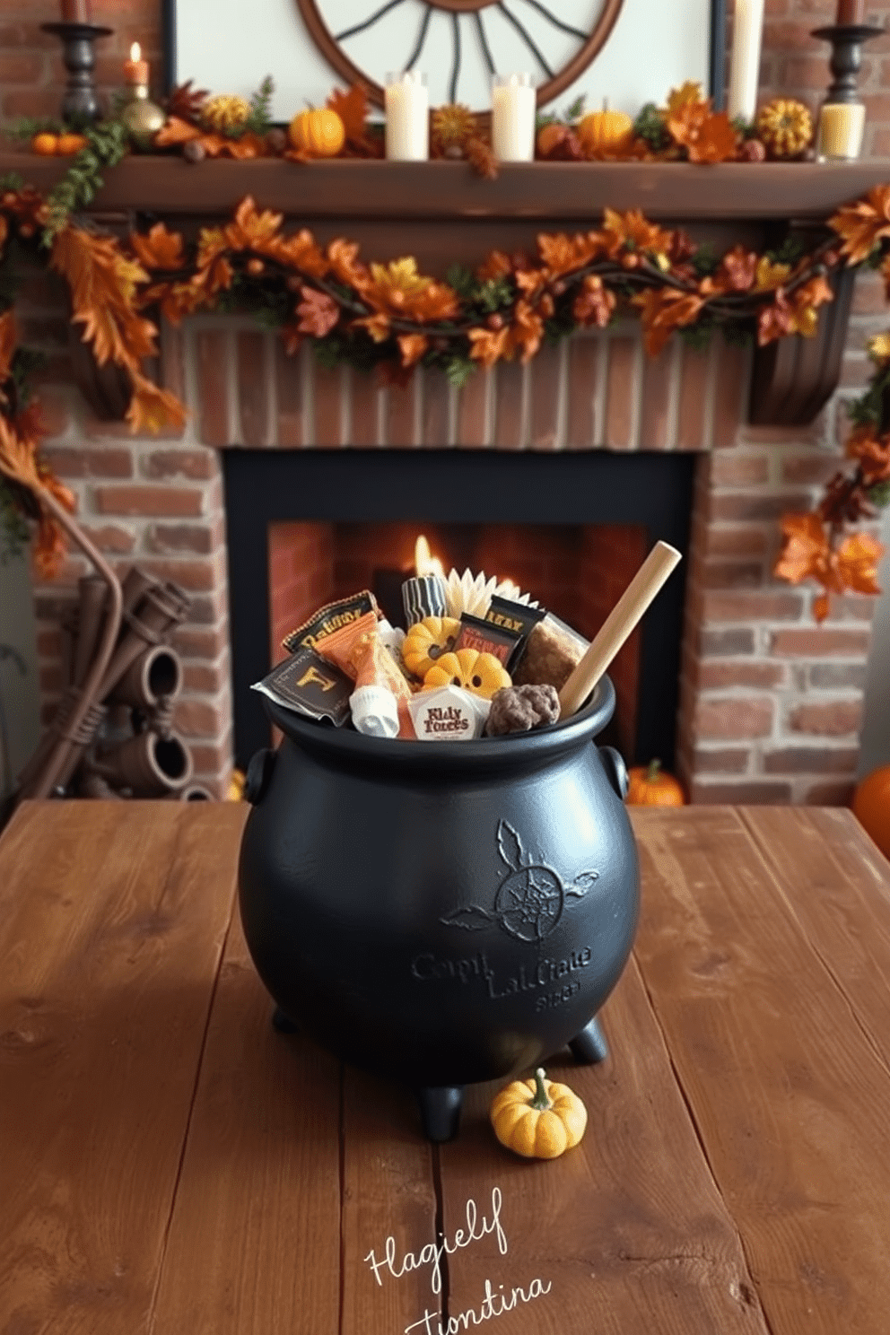 A decorative cauldron filled with an assortment of Halloween treats sits prominently on a rustic wooden table. The fireplace is adorned with autumn-themed garlands, flickering candles, and small pumpkins, creating a cozy and festive atmosphere.