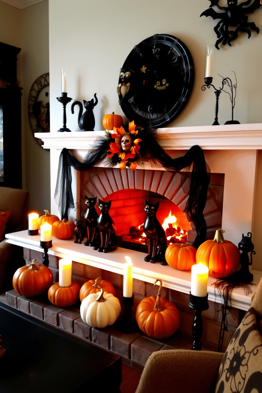 A cozy Halloween-themed living room features a beautifully decorated fireplace adorned with seasonal decorations. Black cat figurines are artfully arranged on the mantel, surrounded by pumpkins and flickering candles for a festive touch.