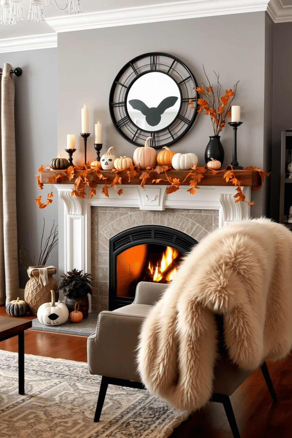 A cozy living room adorned for Halloween features a stylish fireplace as the focal point. The mantel is decorated with an assortment of pumpkins, candles, and autumn leaves, creating a warm and inviting atmosphere. A plush faux fur throw is draped over a modern armchair, adding a layer of texture and comfort. The soft, neutral tones of the throw complement the rich colors of the Halloween decor, enhancing the overall aesthetic.