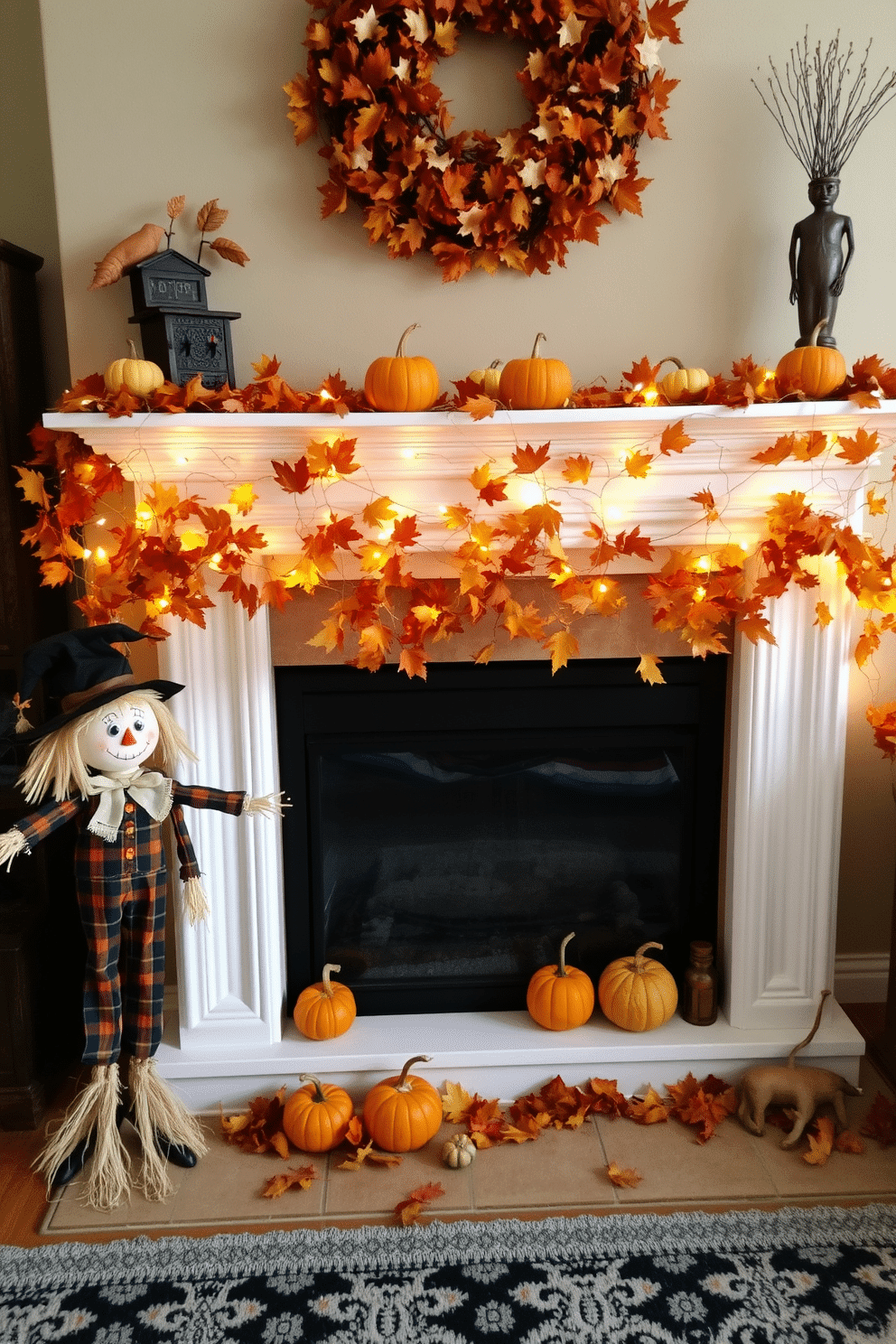 Scarecrow figures are placed around the fireplace, bringing a whimsical and playful atmosphere to the Halloween decor. The fireplace mantel is adorned with autumn leaves, miniature pumpkins, and twinkling fairy lights, creating a cozy and festive focal point.