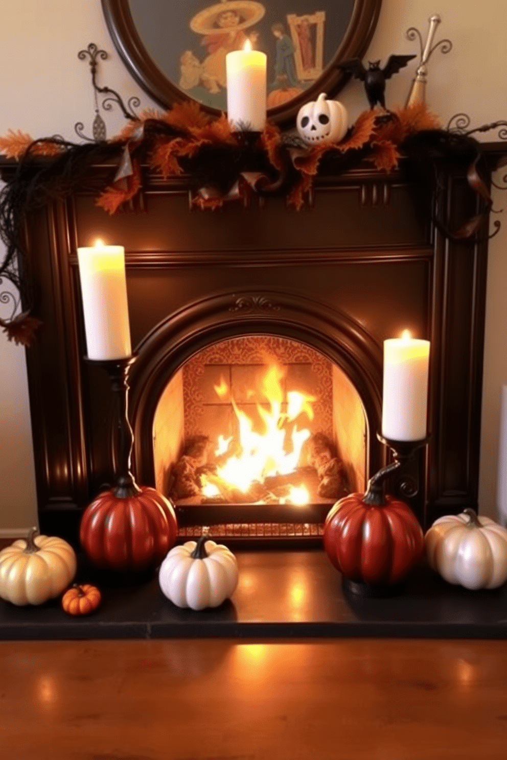 A cozy fireplace adorned for Halloween features elegant candle holders shaped like pumpkins. The warm glow of flickering candles casts playful shadows, enhancing the festive atmosphere of the room.