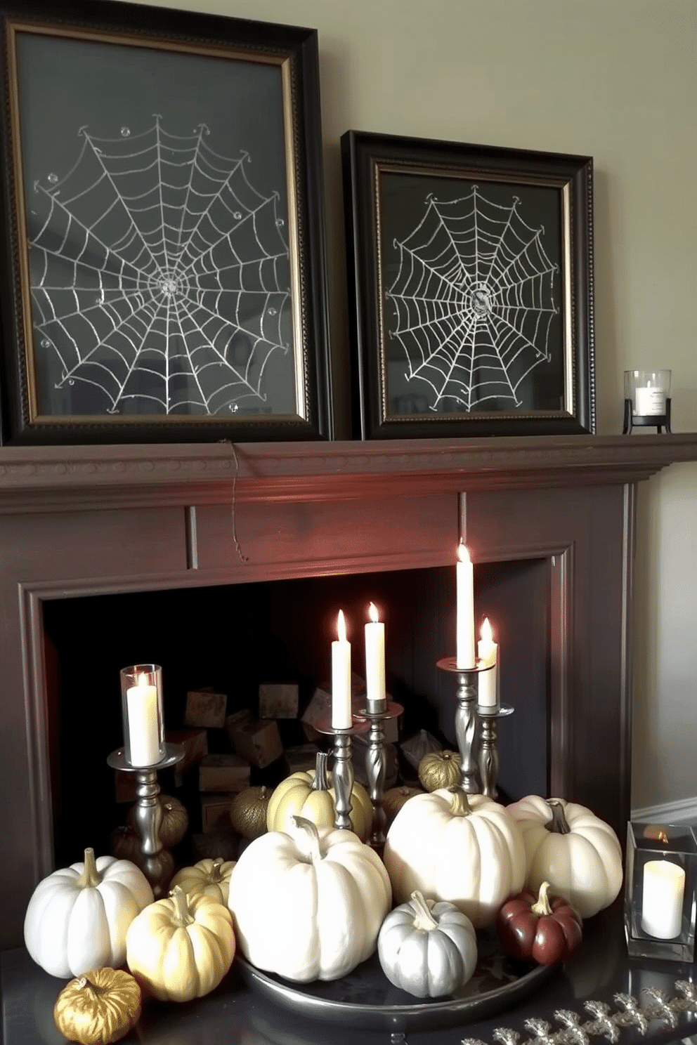 Framed spider web art pieces create an eerie yet elegant atmosphere in your Halloween decor. Each piece features intricate designs with a mix of black and silver tones, perfectly complementing the seasonal theme. The fireplace is adorned with a collection of decorative pumpkins in various sizes and colors. Add flickering candles in glass holders to enhance the cozy, spooky ambiance of your Halloween gathering.