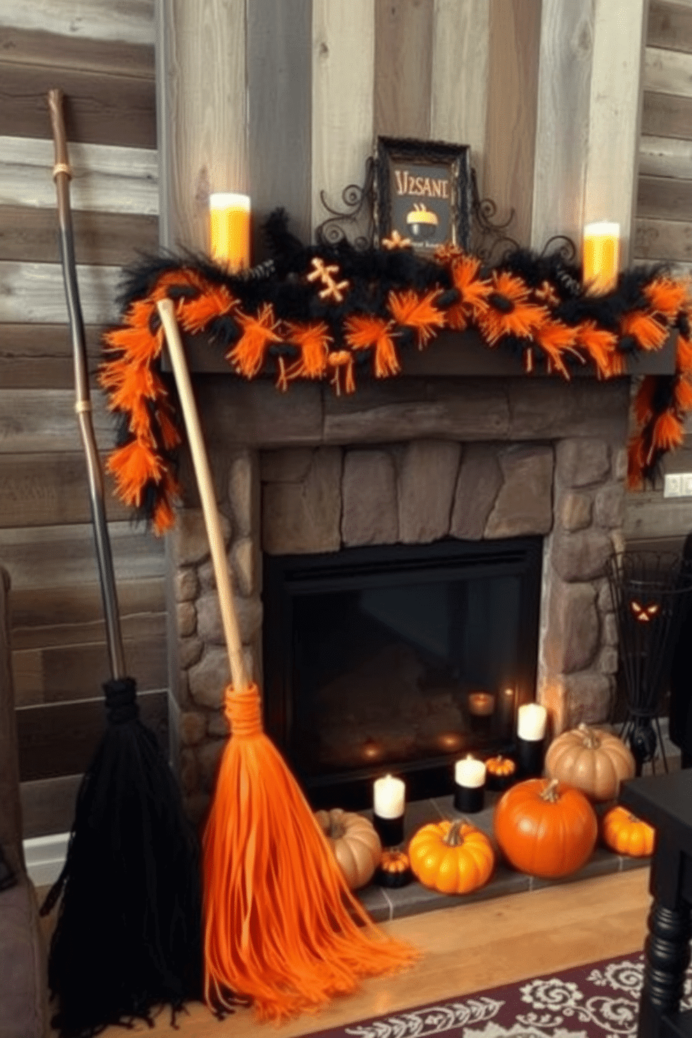 A cozy Halloween-themed living room features witch broomsticks leaning against a rustic wooden wall. The fireplace is adorned with orange and black garlands, flickering candles, and small pumpkins to create a festive atmosphere.