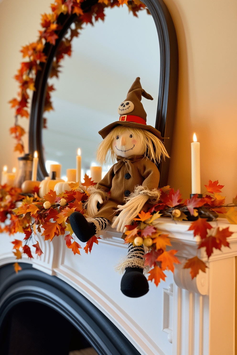 A charming scarecrow doll sits cheerfully on the mantel, surrounded by autumn leaves and miniature pumpkins. The fireplace is adorned with flickering candles and a garland of colorful fall foliage, creating a warm and inviting Halloween atmosphere.