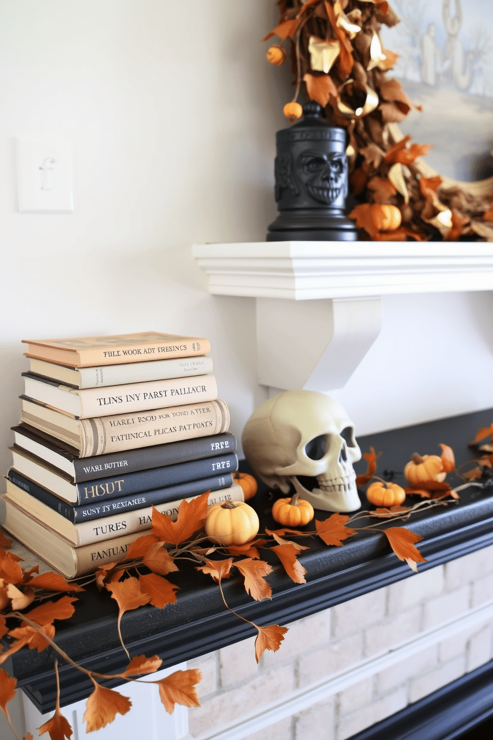 A cozy fireplace adorned for Halloween features a collection of vintage books stacked artfully beside a decorative skull. The mantel is draped with autumn leaves and small pumpkins, creating a warm and inviting atmosphere.