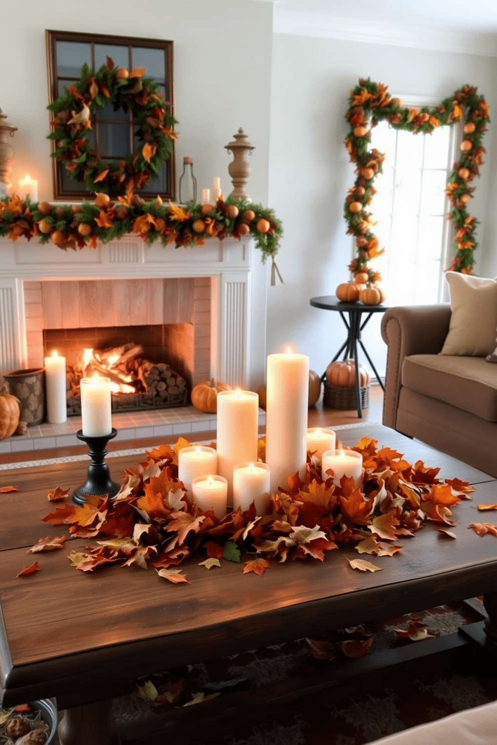 A cozy living room adorned with autumn leaves scattered across a rustic wooden coffee table. Flickering candles in various sizes create a warm ambiance, while a beautifully decorated fireplace showcases seasonal garlands and pumpkins.