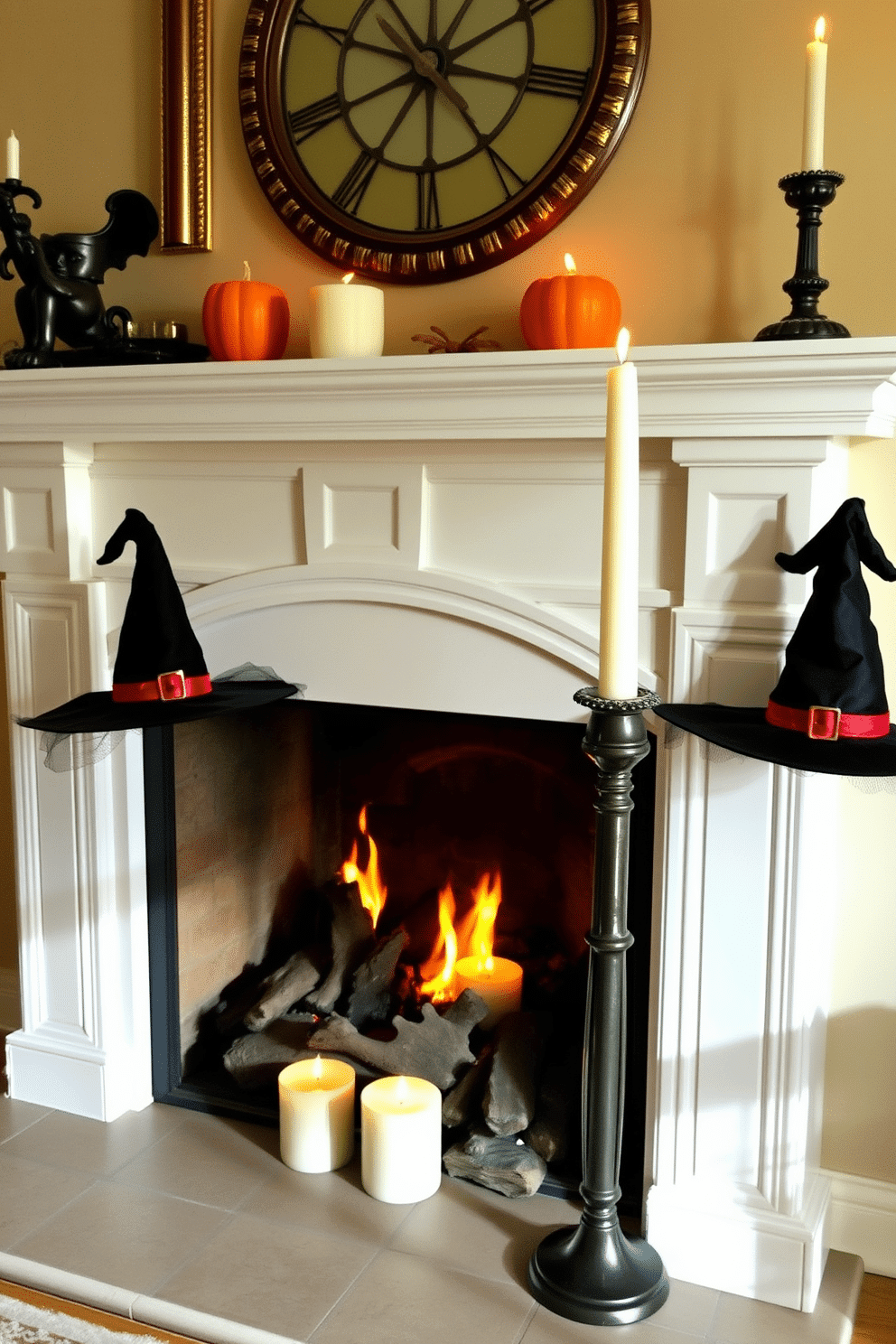 A cozy fireplace setting adorned for Halloween. Witch hats are playfully perched on elegant candle holders, casting flickering shadows across the room.