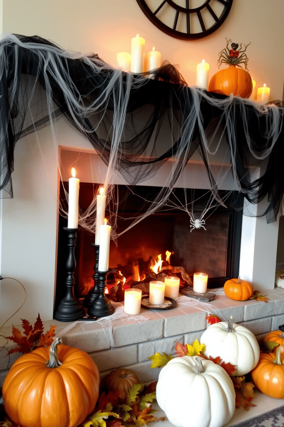 A cozy Halloween-themed fireplace setting. Spider webs are draped across the mantel, creating an eerie yet festive atmosphere. Candles of varying heights are placed on the mantel, casting a warm glow. Decorative pumpkins and autumn leaves are scattered around, enhancing the seasonal decor.