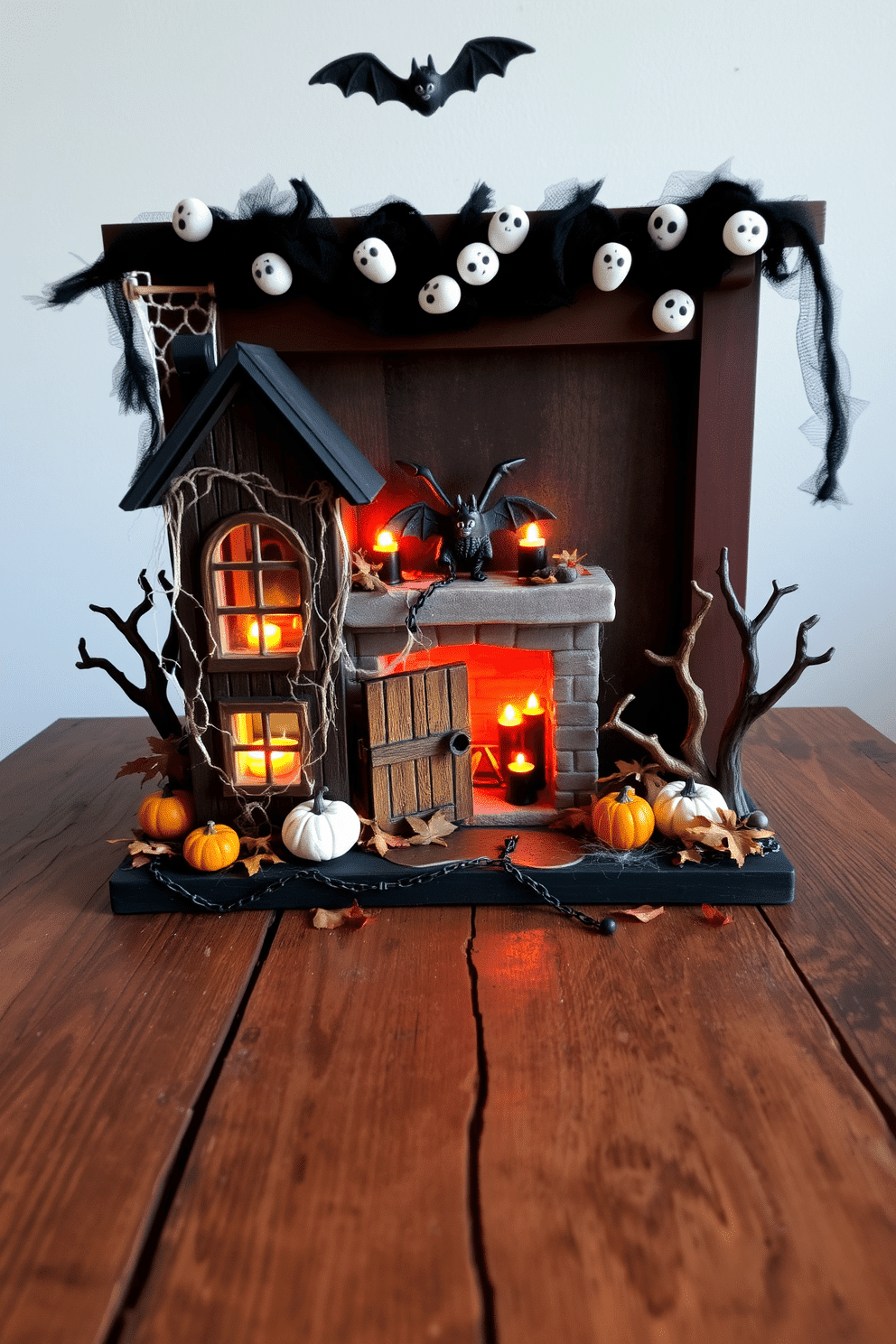 A charming miniature haunted house scene is set up on a rustic wooden table. The house features crooked windows and a creaky door, surrounded by tiny pumpkins and faux cobwebs. A cozy fireplace is decorated with flickering candles and autumn leaves. Above the mantle, a spooky garland of bats and ghosts adds a festive touch to the Halloween ambiance.