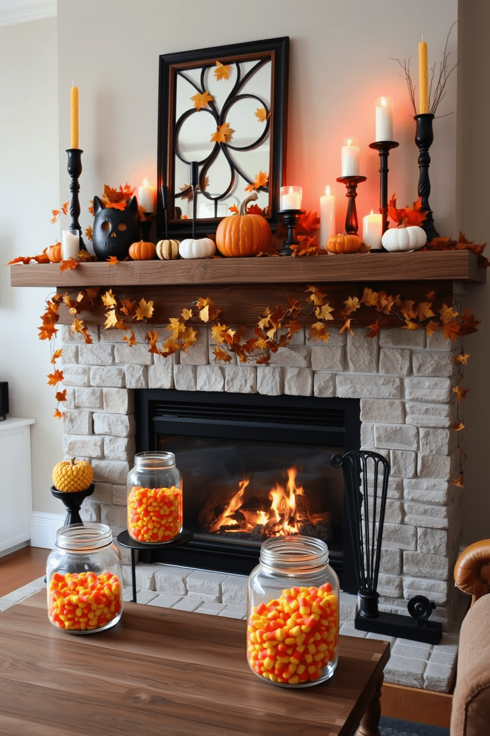 A cozy living room setting is adorned with a beautifully decorated fireplace for Halloween. The mantel is lined with glass jars filled with vibrant candy corn, creating a festive and inviting atmosphere. Above the fireplace, a rustic wooden mantelpiece is decorated with autumn leaves and small pumpkins. Flickering candles in various heights add warmth to the space, enhancing the seasonal charm.