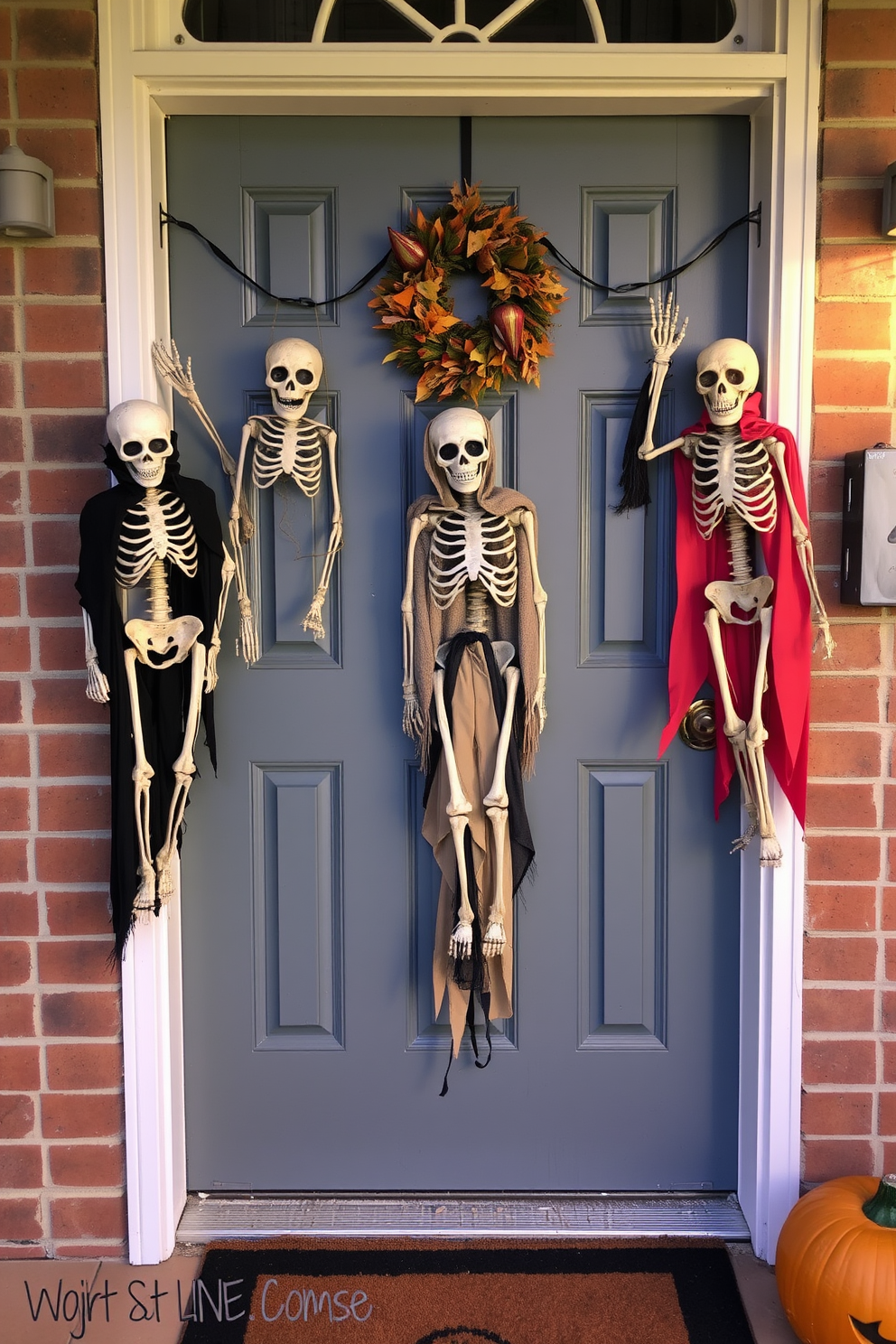 A festive Halloween front door adorned with spooky skeletons hanging from the door. The skeletons are dressed in tattered costumes, creating an eerie yet playful atmosphere that welcomes guests.