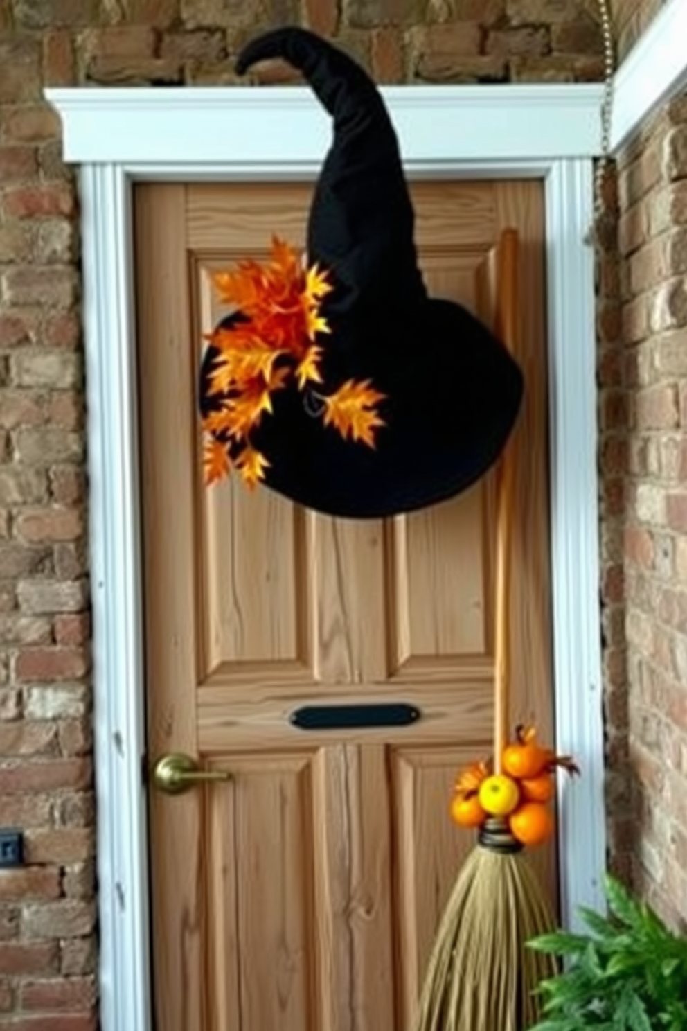 A whimsical Halloween front door setting featuring a large witch's hat perched atop a rustic wooden door. Beside the door, a broomstick leans against the wall, adorned with autumn leaves and small pumpkins for a festive touch.