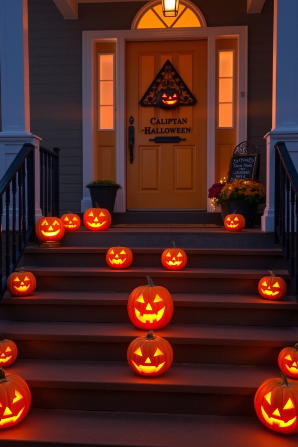 Glowing jack-o-lanterns are arranged on the steps leading up to a charming front door. The warm orange light from the carved pumpkins casts a festive glow, creating an inviting atmosphere for Halloween.