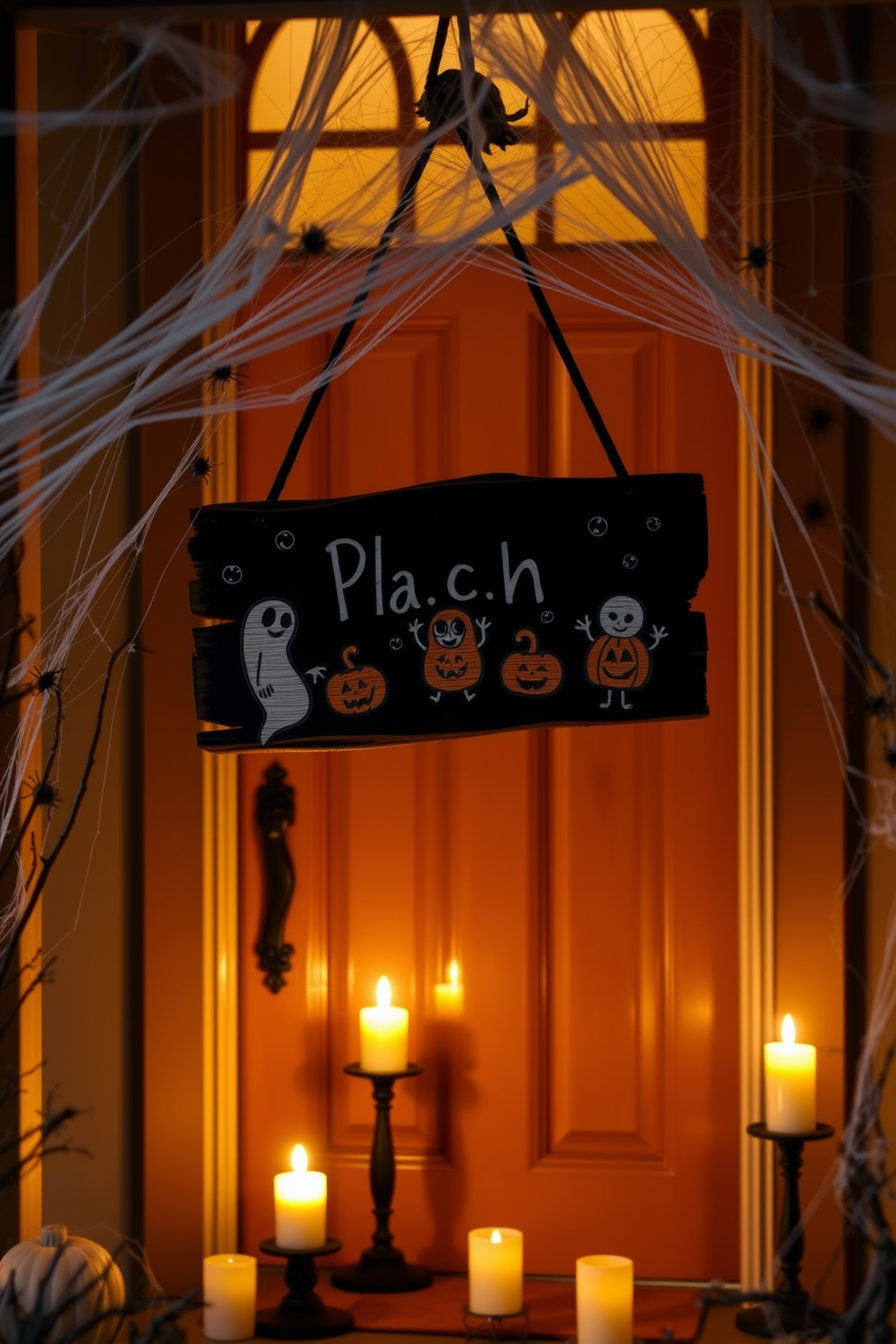 A spooky sign hangs from the front door, crafted from weathered wood and painted in eerie black and orange hues. The sign features playful ghost and pumpkin illustrations, inviting trick-or-treaters with a whimsical yet haunting charm. Surrounding the door, cobwebs stretch across the entryway, adorned with plastic spiders for an added fright. Flickering LED candles illuminate the scene, casting shadows that dance across the porch, enhancing the Halloween atmosphere.