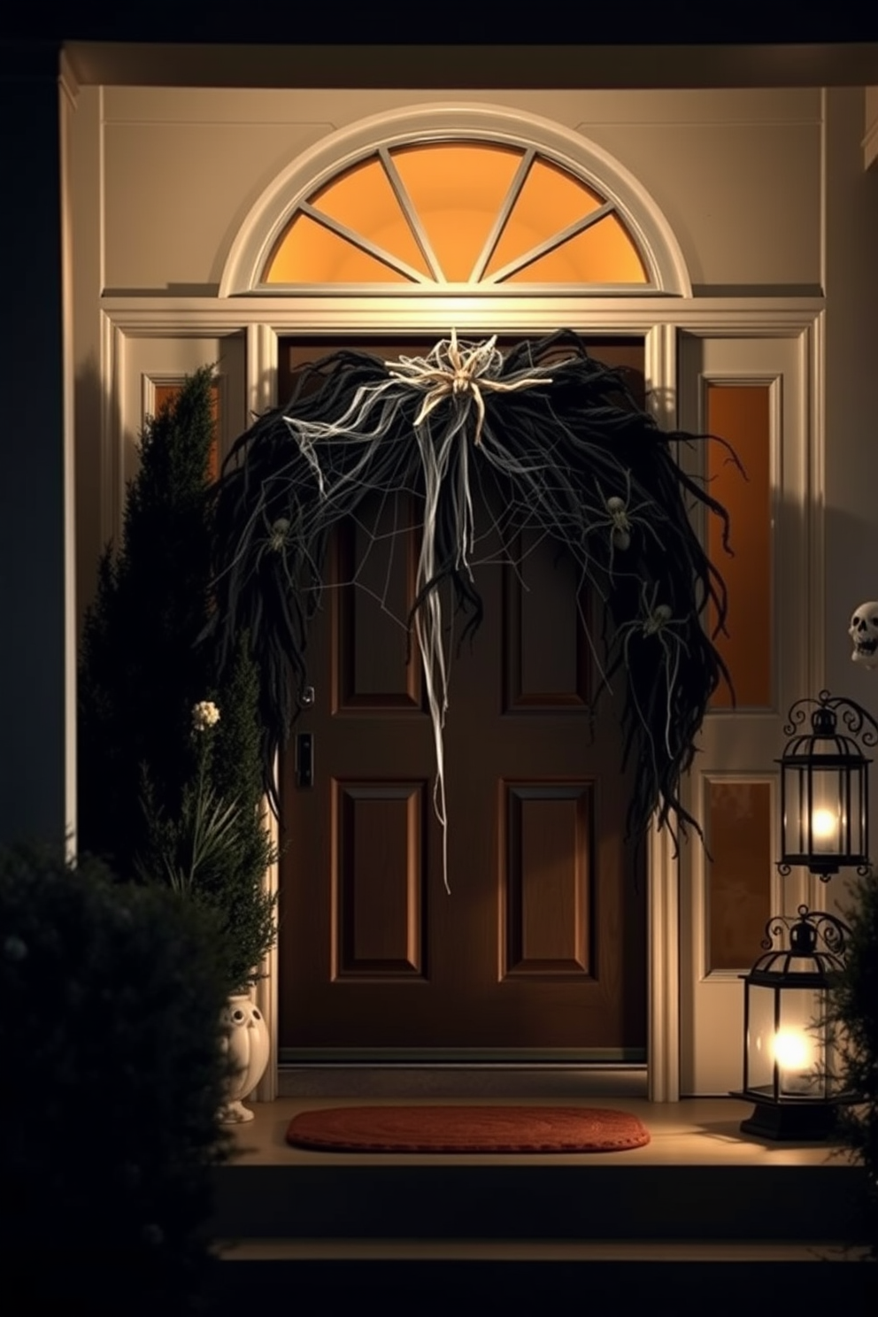 A spooky front door setting for Halloween. Eerie eyes peek from the bushes, adding an unsettling charm to the entrance. The door is adorned with a large, tattered black wreath featuring fake spiders and cobwebs. A flickering lantern sits on either side of the door, casting ghostly shadows on the porch.