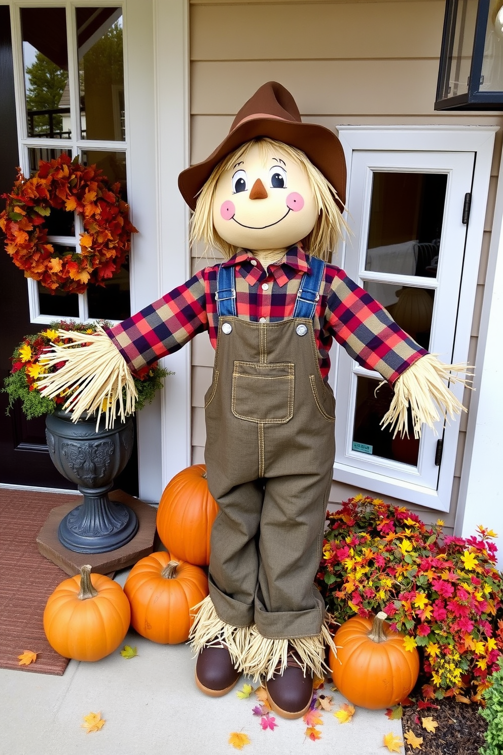 A charming scarecrow stands by the entrance, welcoming guests with a friendly smile. Dressed in a plaid shirt and denim overalls, it is surrounded by colorful pumpkins and autumn leaves for a festive Halloween touch.