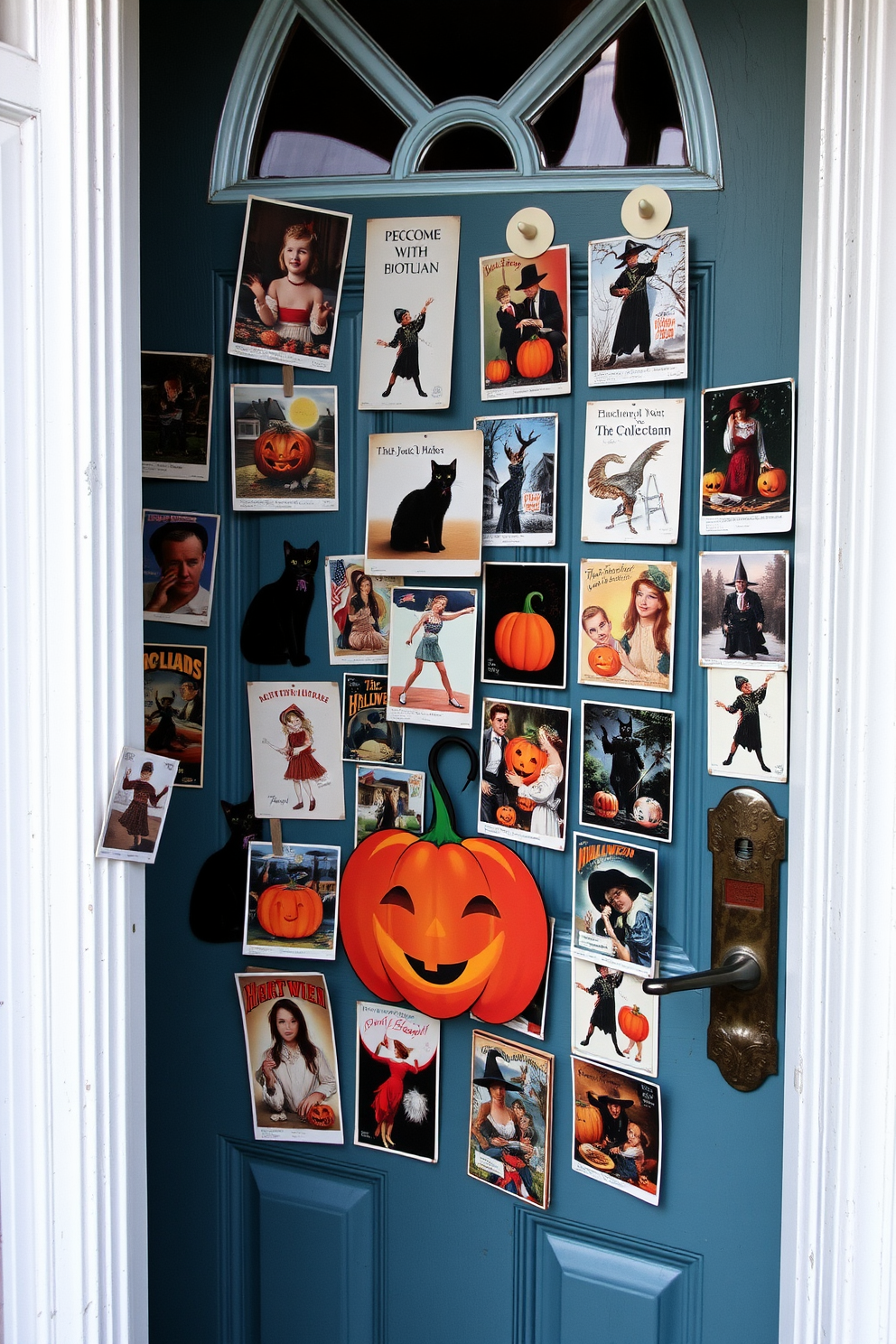 A charming front door adorned with vintage Halloween postcards. The postcards feature classic Halloween imagery such as black cats, pumpkins, and witches, creating a nostalgic and festive atmosphere.