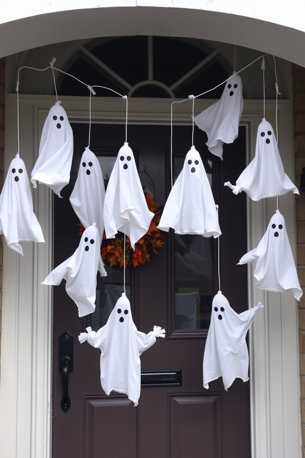 A whimsical Halloween front door adorned with hanging ghosts made from white sheets. The ghosts sway gently in the breeze, creating a playful and spooky atmosphere that welcomes guests.