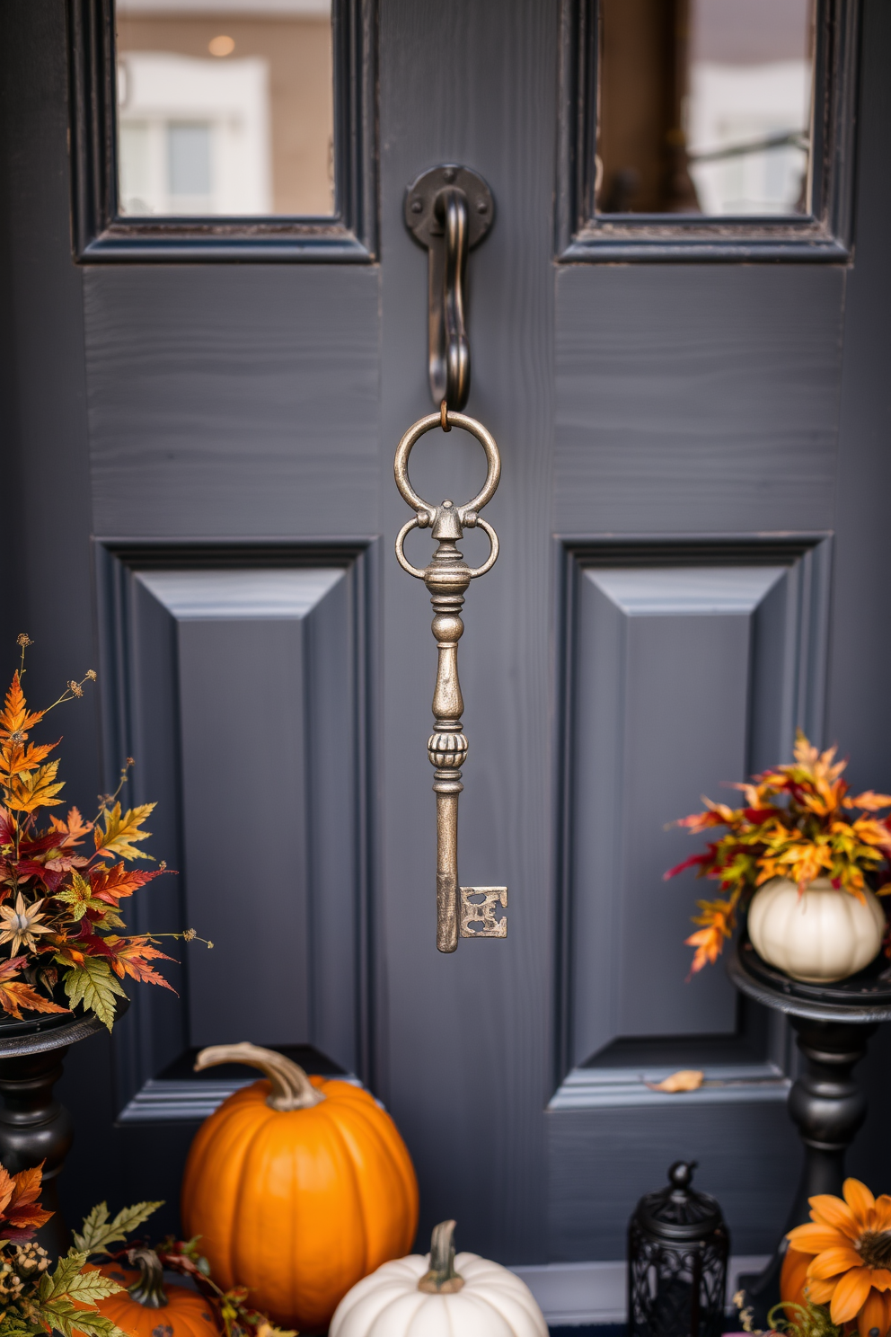 A decorative skeleton key hangs elegantly from an ornate hook on a charming front door. Surrounding the door are seasonal decorations featuring pumpkins, autumn leaves, and subtle hints of spooky elements that create a festive Halloween atmosphere.