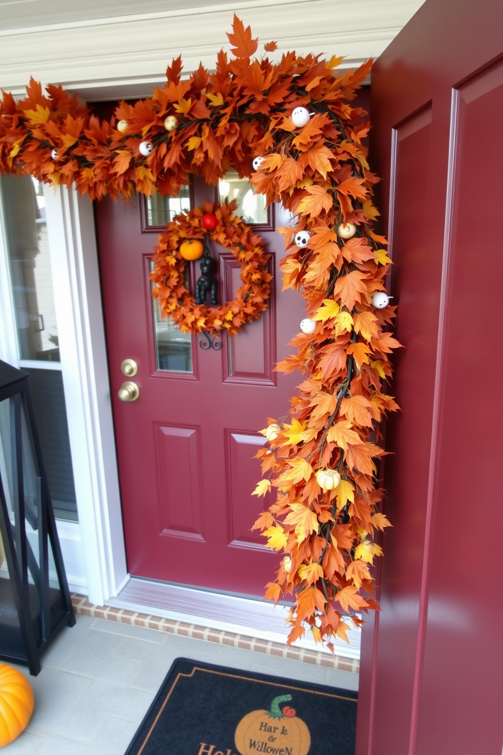 A charming front door adorned with an autumn garland featuring deep orange and yellow leaves intertwined with playful spooky accents like miniature pumpkins and ghostly figures. The door itself is painted a rich burgundy, and a welcome mat with a festive Halloween design sits at the entrance.