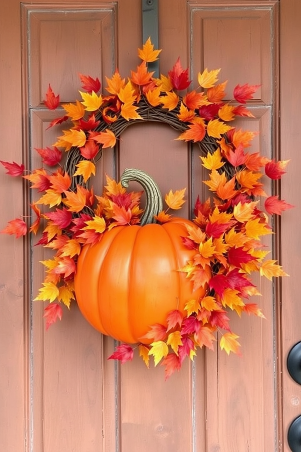 A vibrant pumpkin wreath adorned with colorful autumn leaves is beautifully displayed on a rustic front door. The warm tones of orange, red, and gold create a welcoming atmosphere, inviting guests to celebrate the Halloween season.