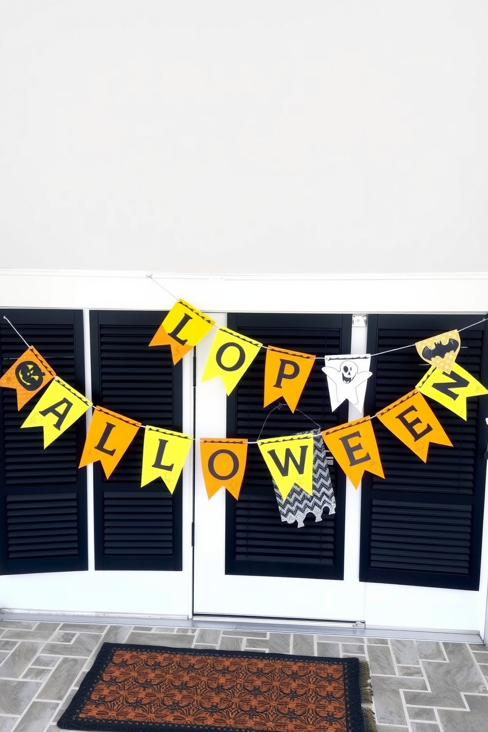 Colorful banners spelling out Halloween are hung across the front door, creating a festive and inviting atmosphere. The banners feature playful designs with pumpkins, ghosts, and bats, adding a touch of whimsy to the entrance.