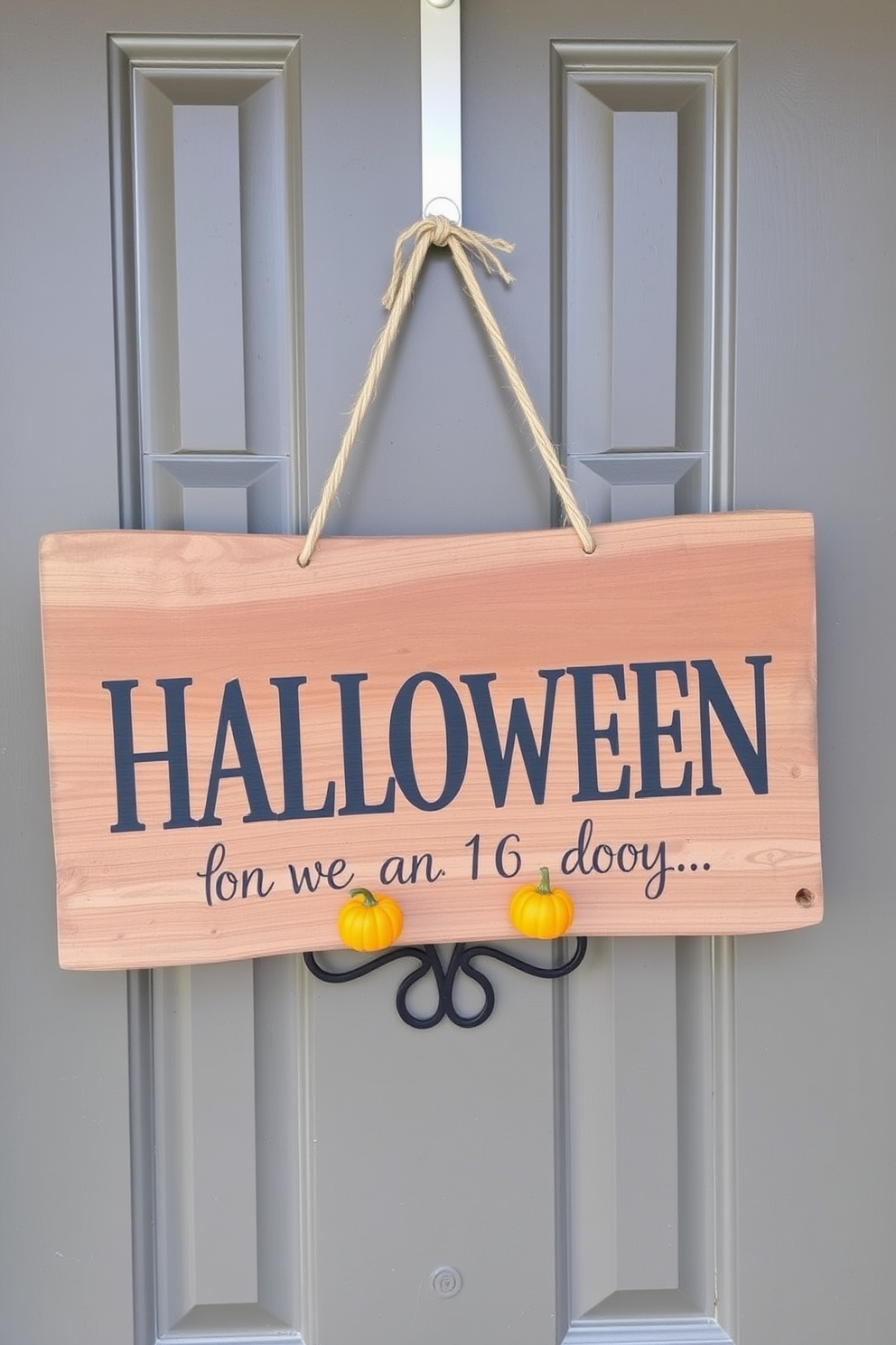 A rustic wooden sign hangs on the front door displaying a charming Halloween quote. The sign is adorned with twine and small pumpkins, creating a warm and inviting autumn atmosphere.