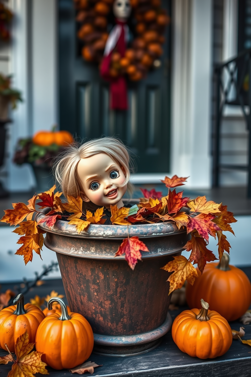 A creepy doll head peeks out from a rustic flower pot on a front porch decorated for Halloween. The pot is surrounded by autumn leaves and small pumpkins, creating an eerie yet inviting atmosphere.