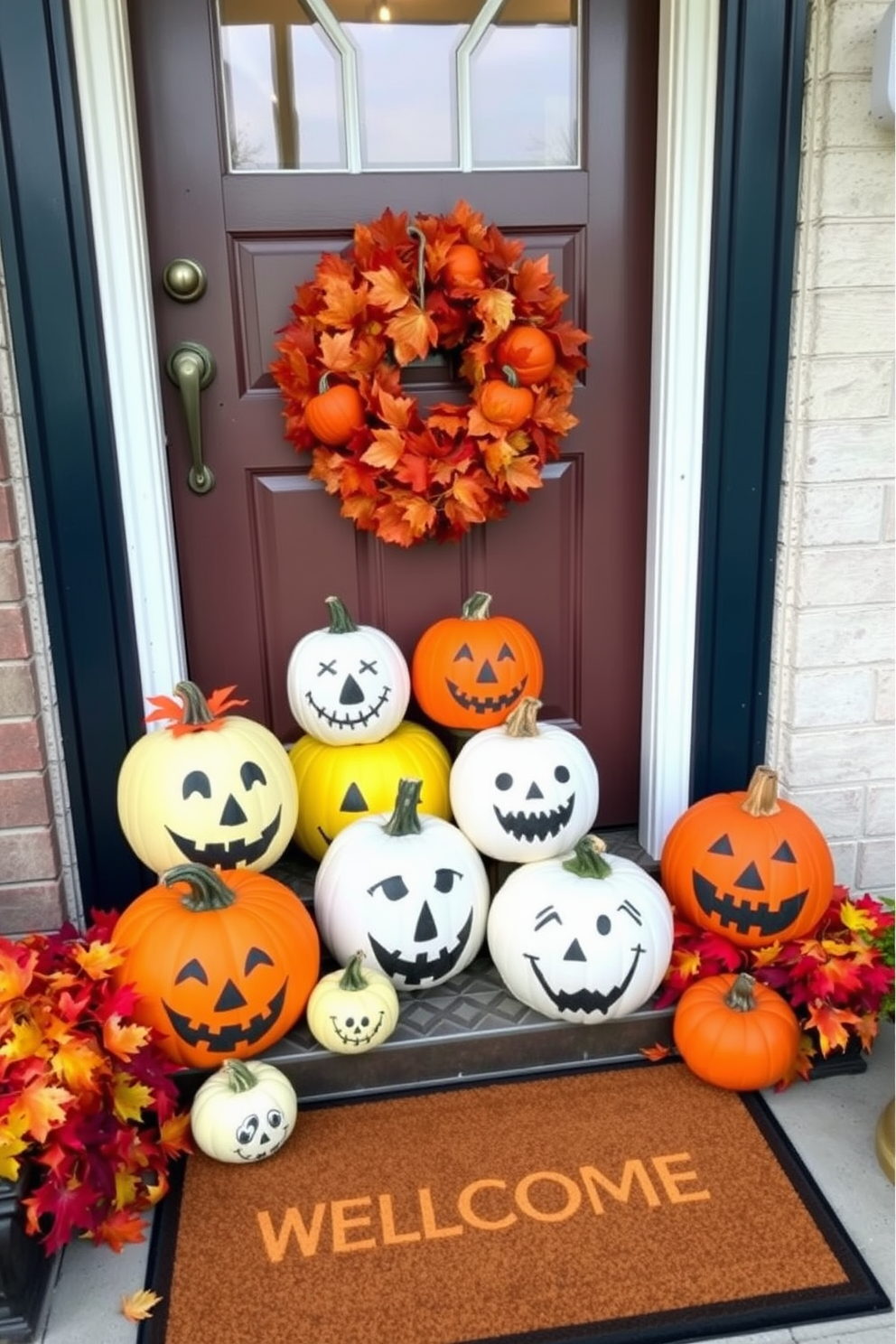 A whimsical front door decorated for Halloween features a collection of DIY painted pumpkins with fun, quirky faces. The pumpkins are arranged on the porch alongside vibrant autumn leaves and a cheerful welcome mat.