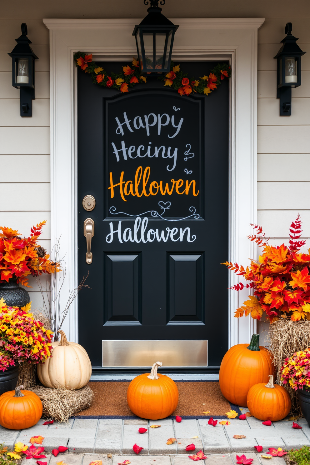 A charming front door adorned with a chalkboard sign displaying festive Halloween greetings. Surrounding the door are vibrant fall decorations, including pumpkins, hay bales, and colorful autumn leaves.