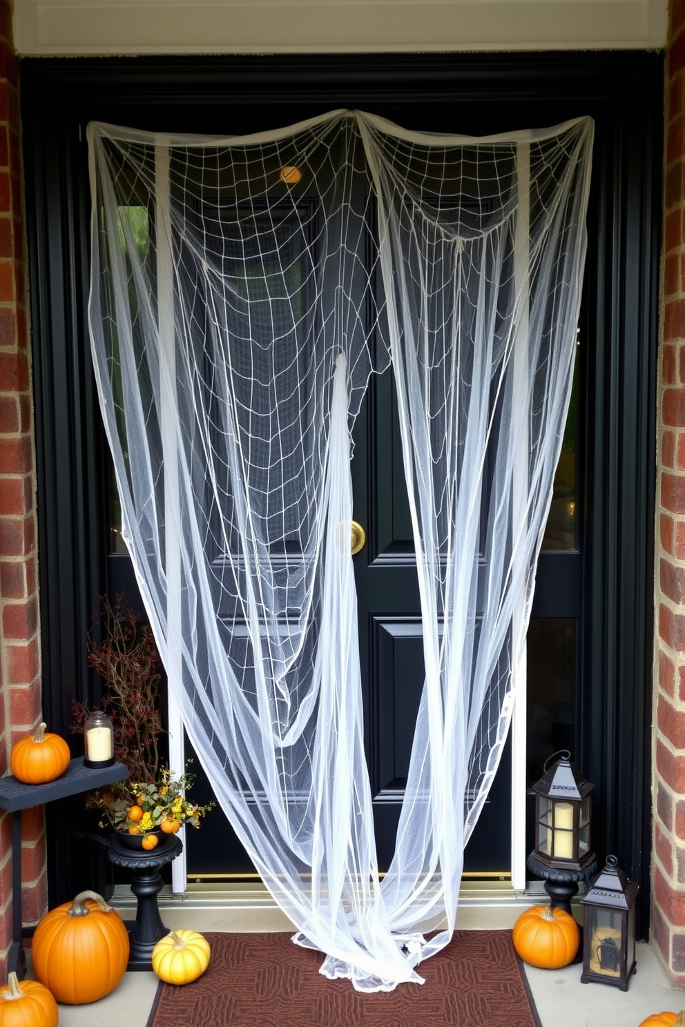 A whimsical Halloween front door adorned with a spider web tablecloth that cascades elegantly over the edges. The door is painted a deep black, accented with a vintage brass doorknob and surrounded by seasonal decorations like miniature pumpkins and flickering lanterns.