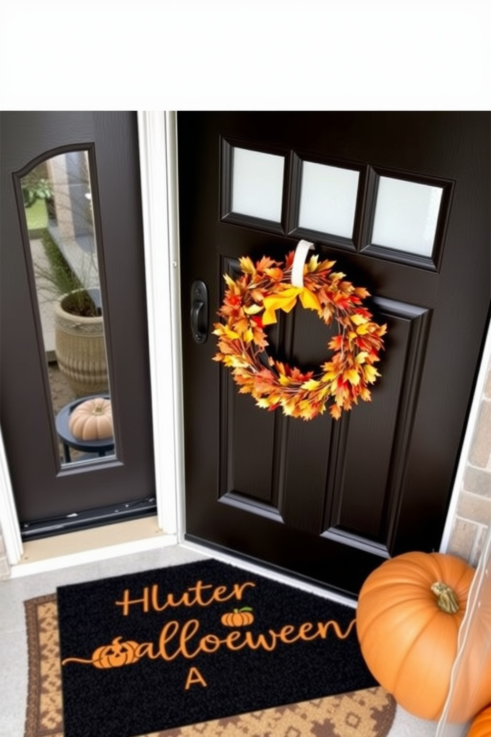 A festive doormat featuring a playful Halloween message welcomes guests with charm. The front door is adorned with a wreath made of autumn leaves and small pumpkins, creating a warm and inviting atmosphere.