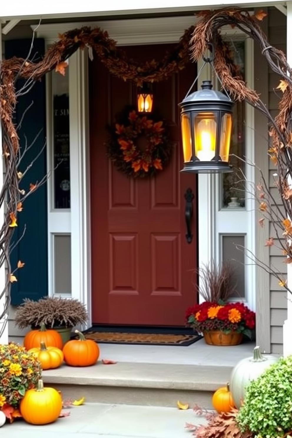 A charming front door adorned for Halloween features hanging lanterns that emit a warm flickering glow. The entrance is framed by seasonal decorations, including pumpkins and autumn leaves, creating an inviting atmosphere.