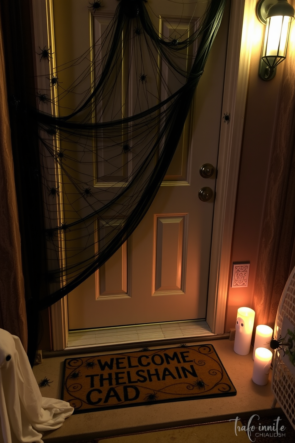 A Halloween front door adorned with creepy crawly insects creates an eerie atmosphere. Fake spiders and plastic cockroaches are scattered across the door and frame, while a large black spider web stretches from corner to corner. A spooky welcome mat lies at the feet of the door, inviting guests with a chilling message. Flickering LED candles are placed on either side, casting ghostly shadows and enhancing the haunting vibe.