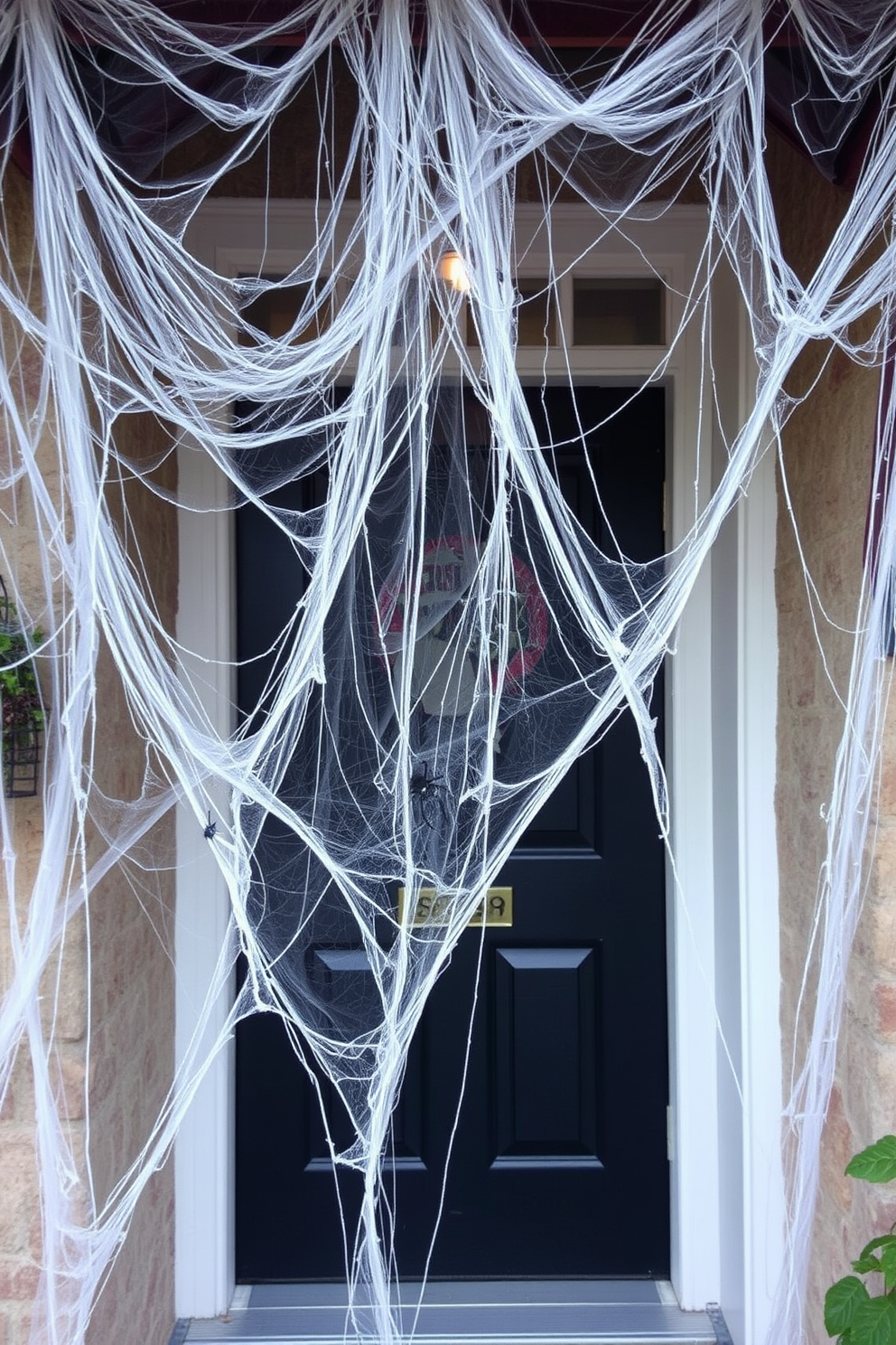 A spooky entrance decorated for Halloween features creepy cobwebs draped over the front door. The cobwebs create an eerie atmosphere, complemented by a few strategically placed plastic spiders lurking within the threads.