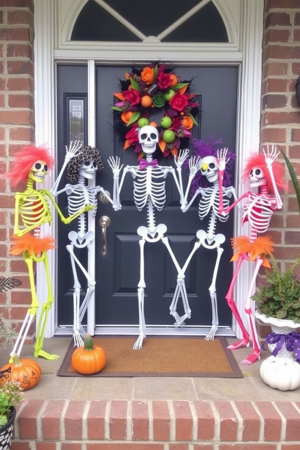 Colorful skeletons are joyfully dancing on the porch, bringing a festive spirit to the Halloween decor. The front door is adorned with vibrant wreaths and spooky accents, creating an inviting yet playful atmosphere.