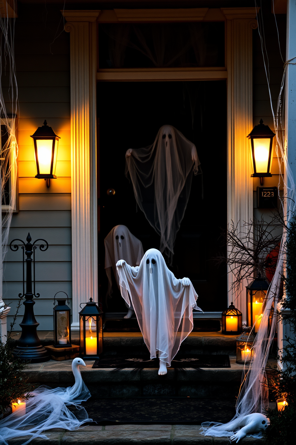 A spooky Halloween front porch setting. Ghostly figures drift eerily near the entrance, surrounded by flickering lanterns and cobwebs.