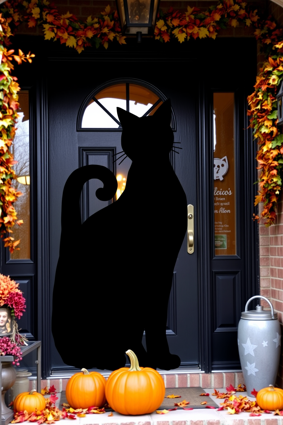 A striking black cat silhouette is elegantly positioned on the front door, creating a whimsical and festive atmosphere. Surrounding the door are seasonal decorations featuring pumpkins and autumn leaves, enhancing the Halloween theme.