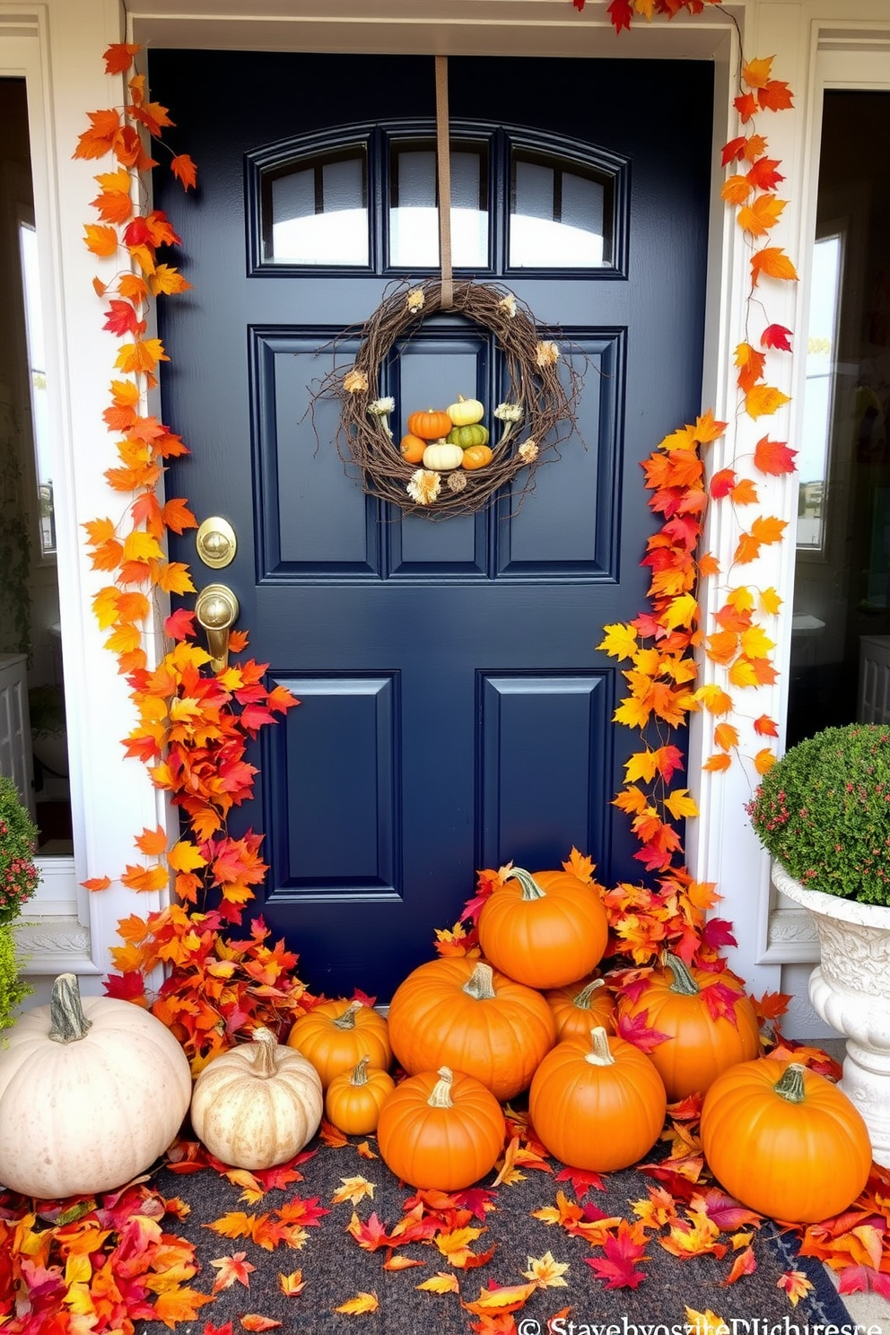 A vibrant front door adorned with colorful fall leaves in shades of orange, red, and yellow creates a warm welcome. Nestled among the leaves are several pumpkins of varying sizes and hues, arranged artfully on the doorstep. The door itself is painted a deep navy blue, contrasting beautifully with the autumn colors. A rustic wreath made of twigs and adorned with miniature pumpkins and dried flowers hangs prominently on the door.