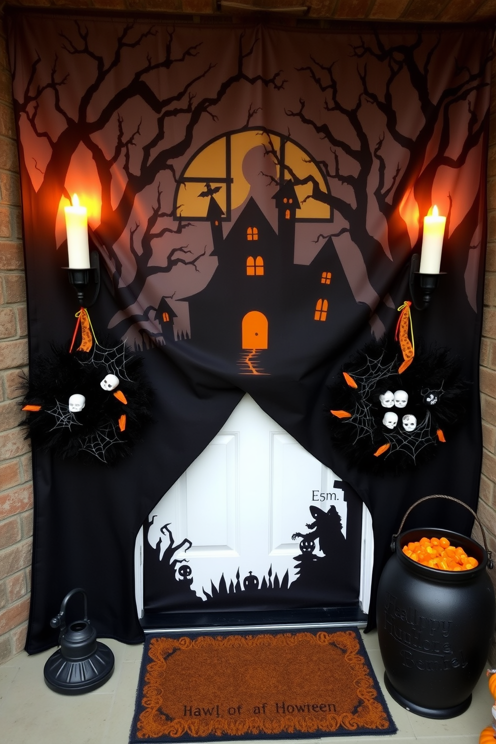 A haunted house backdrop is draped over the front door, featuring eerie silhouettes of twisted trees and ghostly figures. Flickering LED candles are placed on either side, casting an ominous glow that sets the tone for Halloween. Black and orange wreaths adorned with miniature skulls and spider webs hang from the door. A doormat with a spooky message welcomes guests, while a cauldron filled with faux candy sits nearby to entice trick-or-treaters.