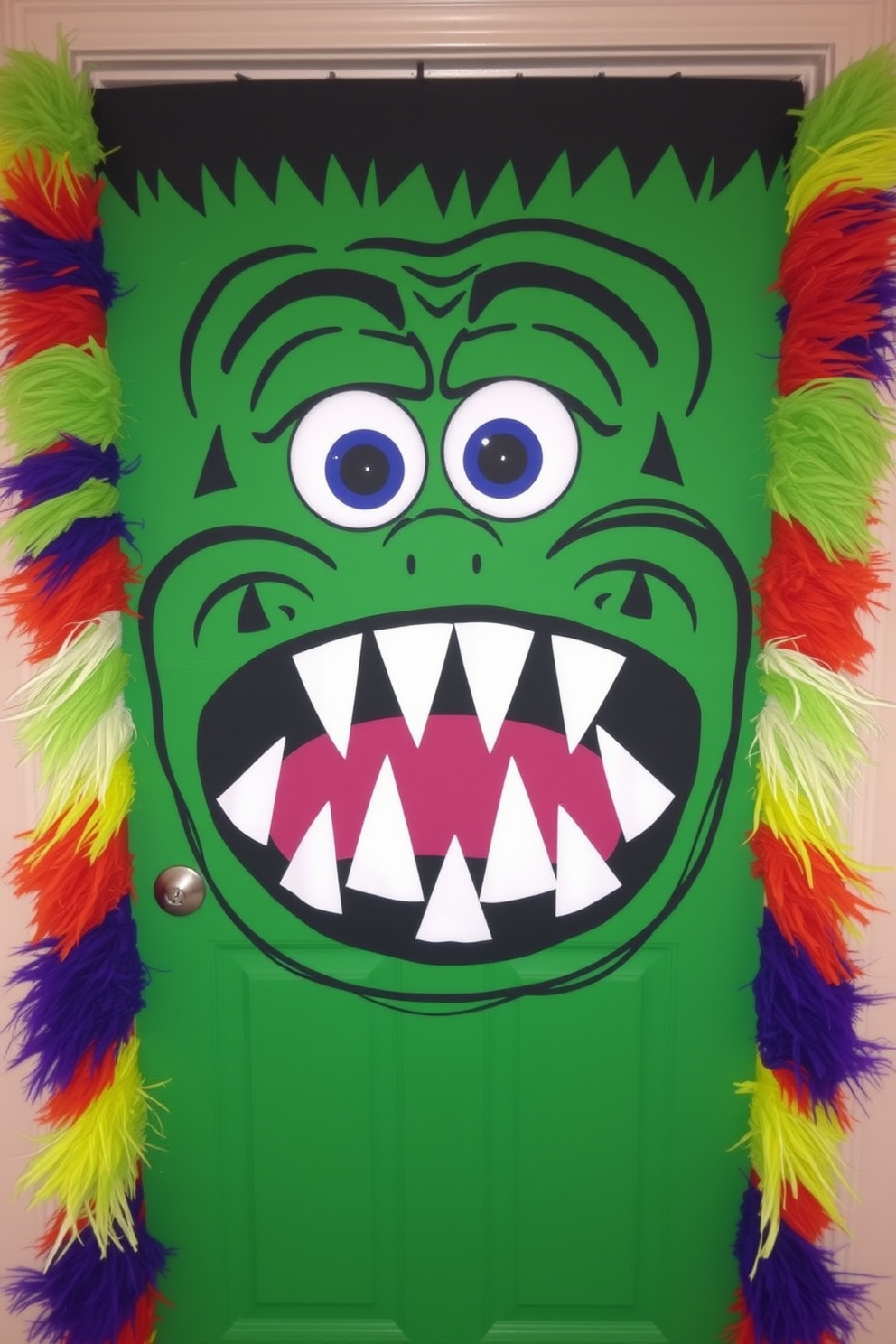 A whimsical Halloween door covering features a large monster face with bright green skin and oversized googly eyes. The mouth is wide open, revealing sharp white teeth, and colorful fur accents frame the door for a playful touch.