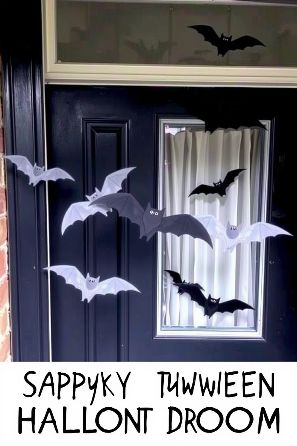 A spooky Halloween front door adorned with bats flying across the door frame creates an eerie yet festive atmosphere. The door is painted in a deep black, and the bats are crafted from lightweight materials, giving them a lifelike appearance as they seem to flutter in the air.