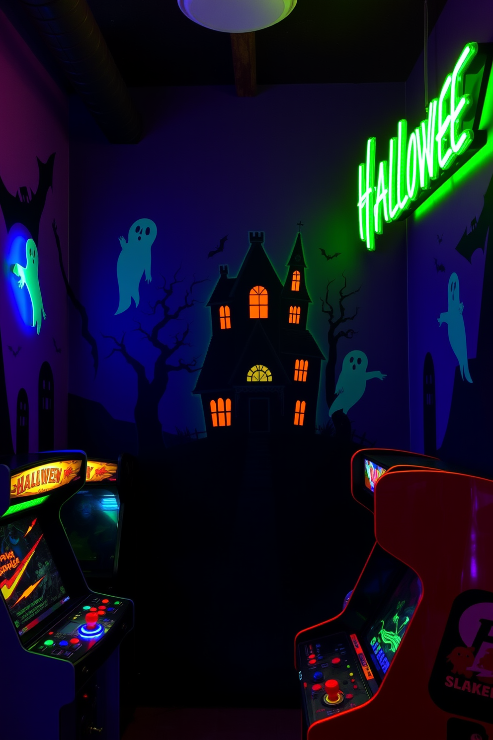 A Halloween game room adorned with spooky neon lights creates an eerie yet inviting atmosphere. The walls are painted in deep shades of purple and black, with ghostly silhouettes illuminated by vibrant green and orange neon signs. A large blacklight-activated mural of a haunted house serves as a focal point, adding to the spooky vibe. Vintage arcade games are strategically placed, their screens glowing under the neon lights, inviting players to enjoy the festive experience.