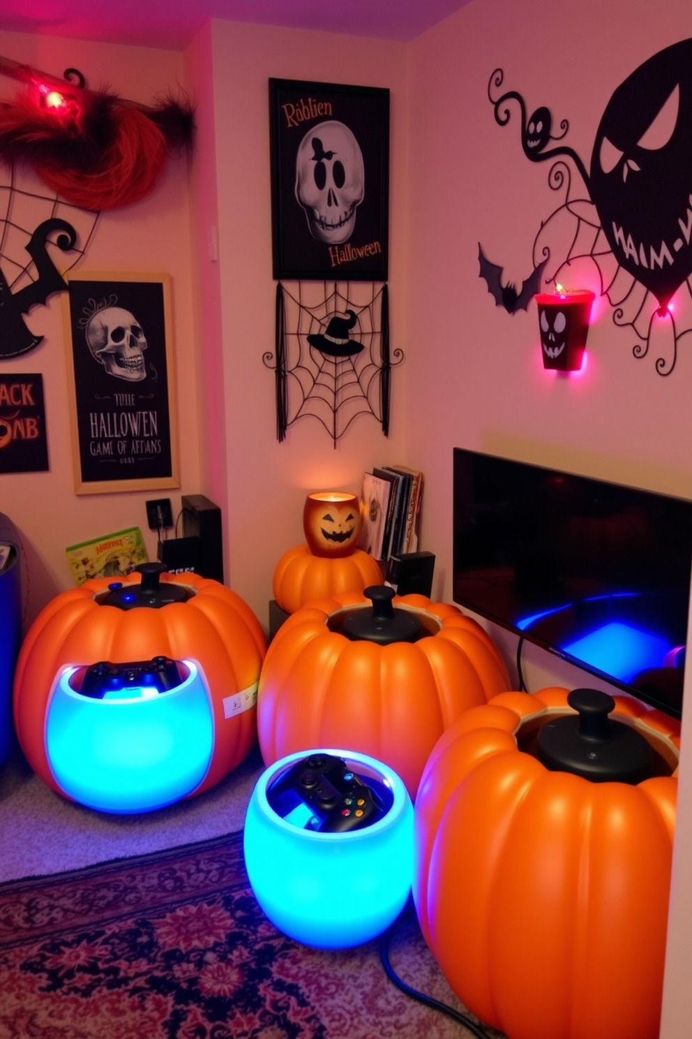 A cozy game room featuring pumpkin-shaped storage for game controllers. The room is adorned with Halloween-themed decorations, including spooky wall art and festive lighting.