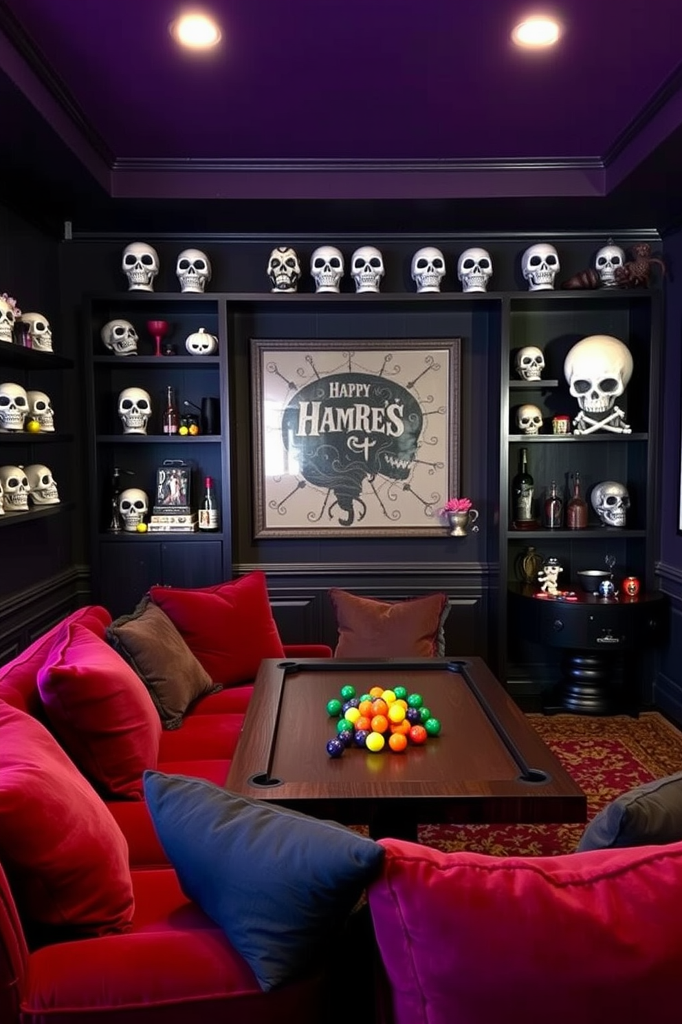 A game room filled with skull-themed decor creates a unique and playful atmosphere. Dark shelves adorned with various skull figurines and Halloween-themed accents add a touch of whimsy to the space. The walls are painted in deep shades of black and purple, enhancing the spooky vibe. Plush seating in rich colors invites friends to gather and enjoy games in this creatively themed room.