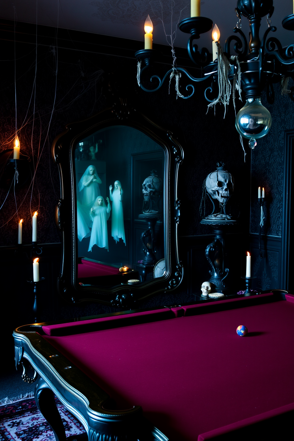 A haunted mirror with eerie reflections dominates the room, casting ghostly images that flicker in the dim light. Surrounding the mirror, walls are adorned with dark, textured wallpaper and cobwebs hang from the corners, creating an unsettling atmosphere. The game room features a vintage pool table with a deep burgundy felt surface, illuminated by a wrought iron chandelier above. Creepy decorations like skulls and flickering candles are strategically placed, enhancing the Halloween theme while inviting playful gatherings.