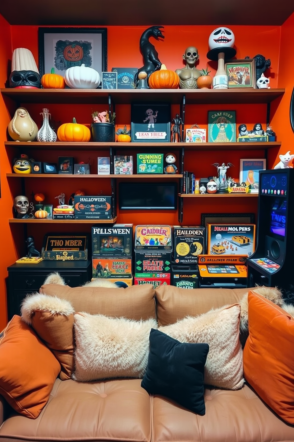 A cozy game room adorned with vintage Halloween collectibles. Shelves filled with classic decorations like carved pumpkins, spooky figurines, and retro games create a festive atmosphere. The walls are painted in deep orange, enhancing the Halloween spirit. A comfortable seating area with plush cushions invites friends to gather for game night, surrounded by themed decor.