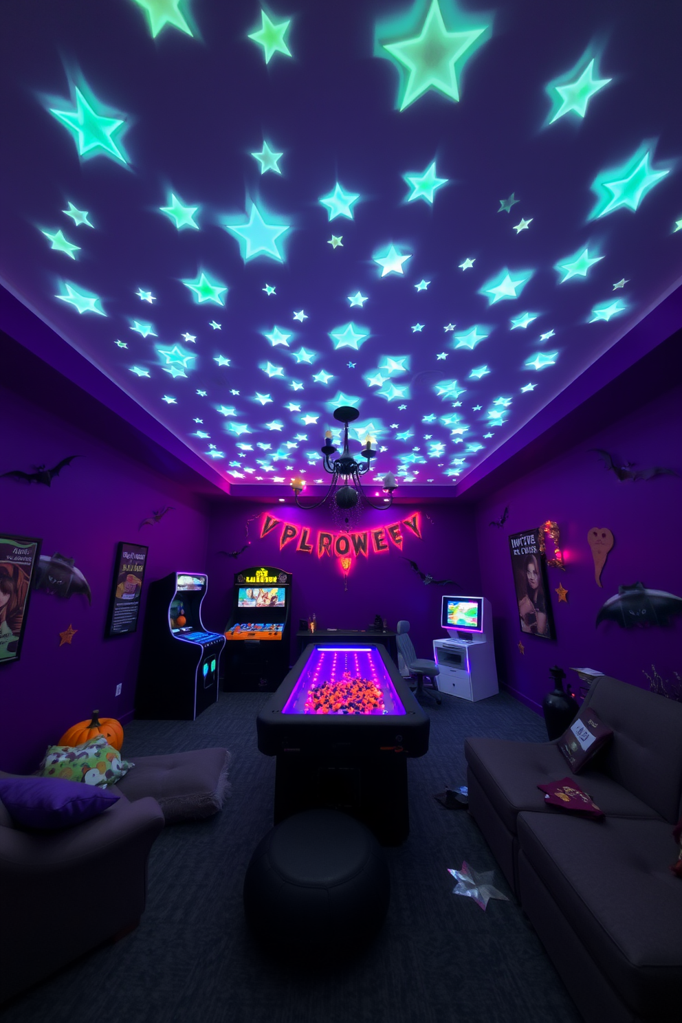 A playful Halloween game room adorned with glow-in-the-dark stars scattered across the ceiling. The walls are painted in a deep purple hue, creating a vibrant backdrop for festive decorations and cozy seating areas.