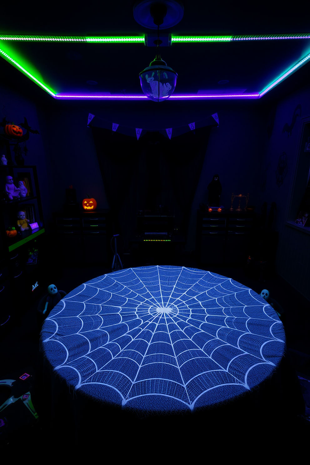 A spooky gaming room setting featuring a large gaming table covered with a spiderweb tablecloth. The room is dimly lit with eerie green and purple LED lights casting shadows, while Halloween-themed decorations like pumpkins and ghost figurines adorn the shelves.